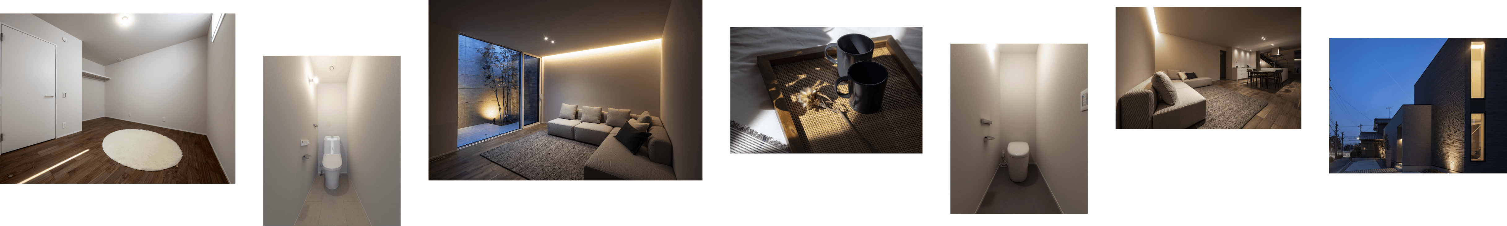 玄関・水回り・リビング・外観など、岡崎モデルハウスの空間を横並びで紹介するスライダー画像